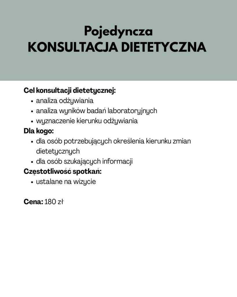 Pojedyncza konsultacja dietetyczna u dietetyka klinicznego obejmująca analizę wyników badań i wyznaczenie kierunku odżywiania w chorobach nerek, onkologii i WZJG.