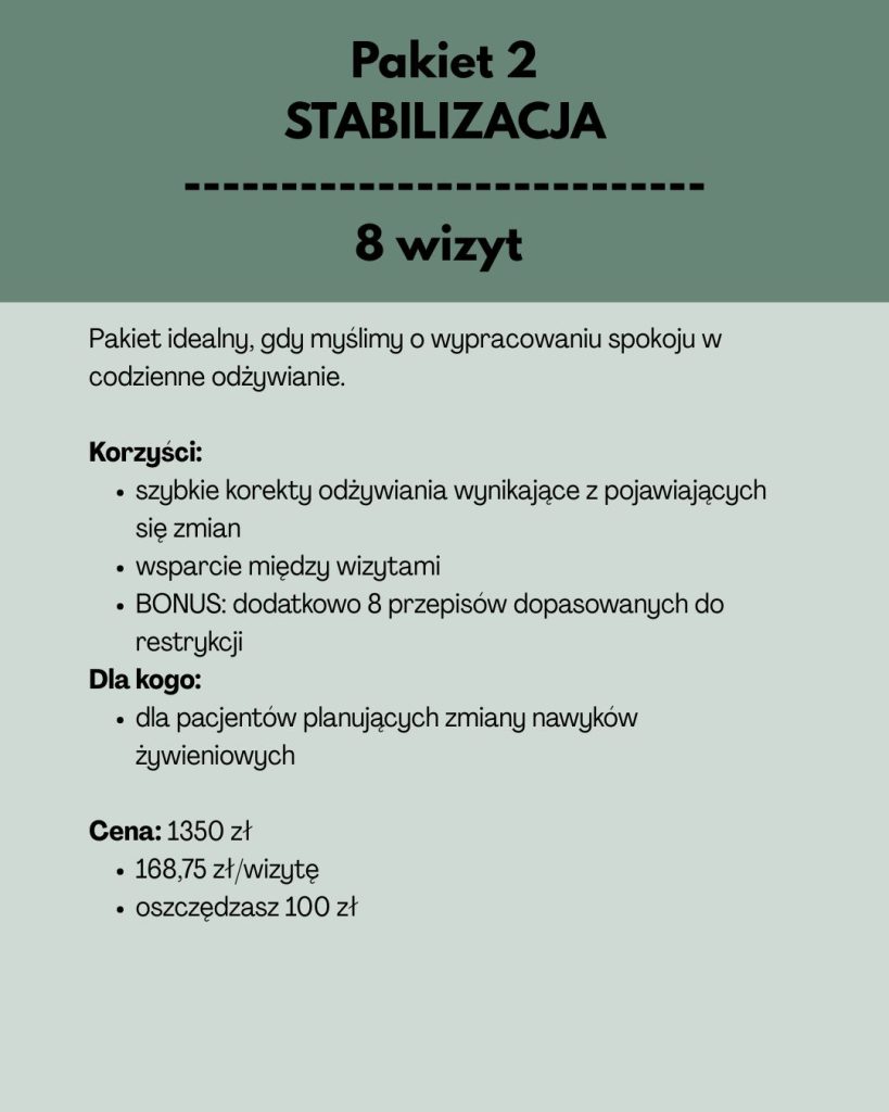 Pakiet dietetyczny STABILIZACJA - 8 wizyt u dietetyka klinicznego, stałe monitorowanie reakcji organizmu na pokarm i budowanie trwałych nawyków.